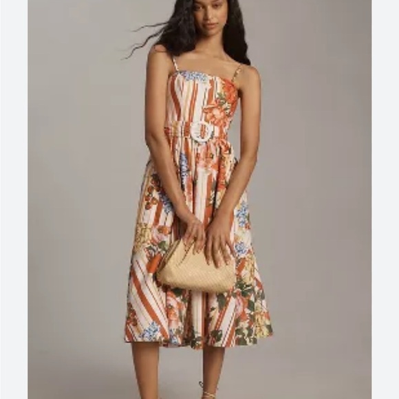 Anthropologie Maeve Strapless Belted A Line Midi Dress Red Floral Pockets XS NEW - Picture 1 of 16